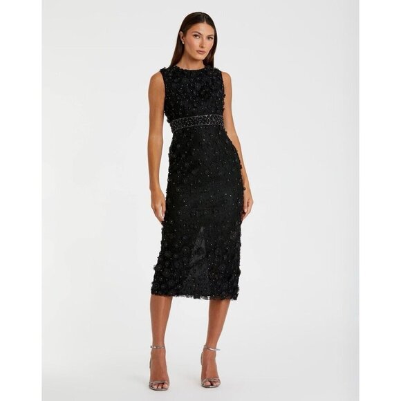 Mac Duggal Size 14 Black 67853 Floral Applique Sleeveless Midi Cocktail Dress - Picture 2 of 12